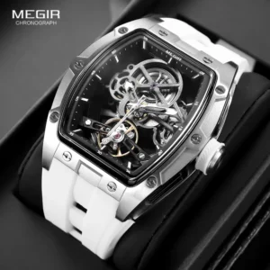 MEGIR Men's Automatic Mechanical Watch with Stainless Steel Case Silicone Band Skeleton Dial Waterproof Sport Wristwatch